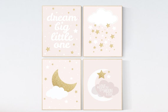 Pink gold nursery decor, dream big little one, blush pink and gold nursery, stars, Nursery decor girl gold, moon nursery, girls room decor