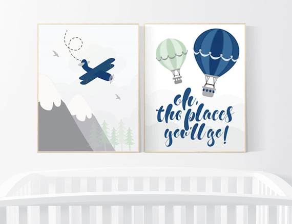 Nursery decor boy adventure, nursery decor mountain, plane nursery, navy mint, boy nursery wall art, adventure nursery, hot air balloons