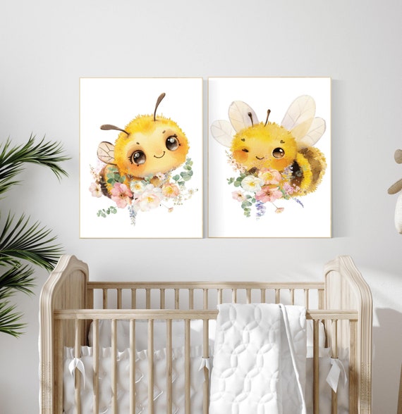Bee print, bee nursery, flower nursery, yellow nursery, gender neutral, nursery wall art prints, baby room wall art, girl nursery