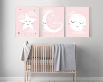 Pink & Gray Nursery Wall Art: Moon, Star, Cloud Prints