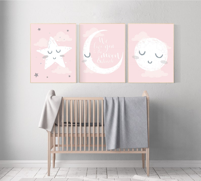 Nursery Decor Girl Nursery Wall Art Pink and Grey Moon Star Etsy
