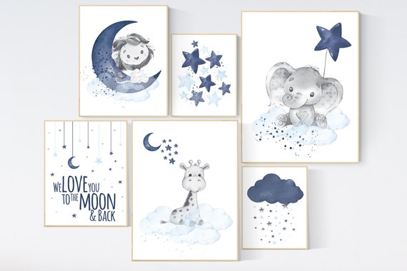 Nursery decor boy animals, giraffe, lion, elephant, boy nursery decor, moon and stars, navy and blue nursery, boy nursery wall decor