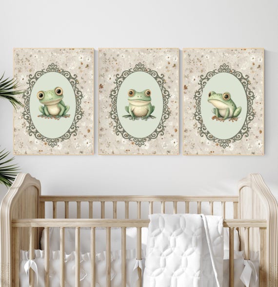 Frog Wall Art Print Set – Vintage Botanical Nursery Decor – Cute Green Frogs with Floral Frame – Sage Cottagecore Baby Room Posters