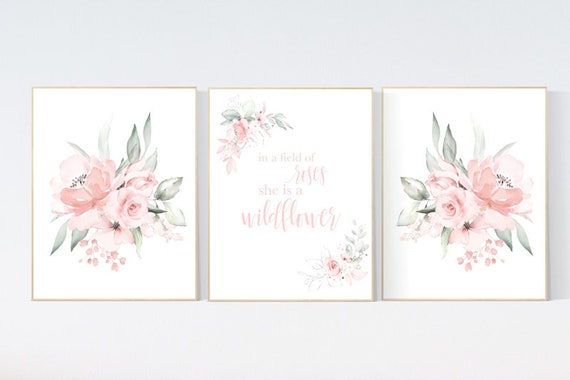 In a field of roses she is a wildflower, Nursery decor girl blush, nursery decor girl floral, peach nursery decor flower nursery,