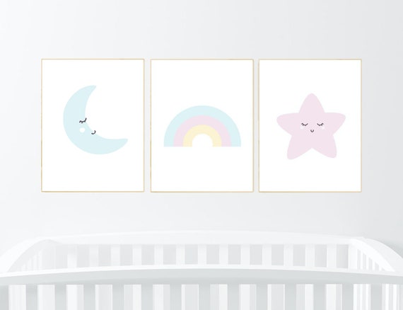 Nursery prints rainbow, Nursery decor gender neutral, nursery wall art boy, moon star, cloud, nursery wall art neutral nursery print