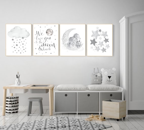 Grey nursery wall art, elephant nursery wall art, moon and stars, gender neutral, gray nursery art, baby room decor, neutral, twin nursery