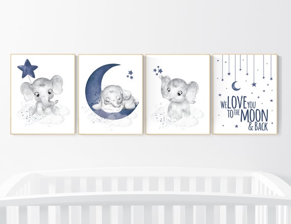 Nursery decor boy elephant, navy nursery decor, we love you to the moon and back, moon and stars, navy blue nursery art, elephant nursery