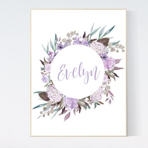Girl name nursery decor, Purple flower wreath nursery decor, Nursery decor girl purple, nursery decor girl name, lavender nursery, lilac
