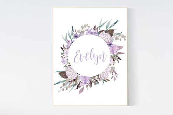 Girl name nursery decor, Purple flower wreath nursery decor, Nursery decor girl purple, nursery decor girl name, lavender nursery, lilac