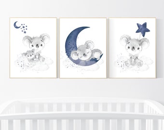 Navy nursery decor, koala nursery, moon and stars, navy blue nursery art, nursery prints animals, boy nursery decor, koala mother and baby