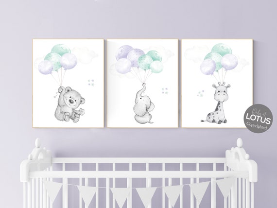 Nursery decor girl purple, purple mint nursery, animal prints, , lavender nursery, lilac nursery, elephant nursery, balloon nursery, bear