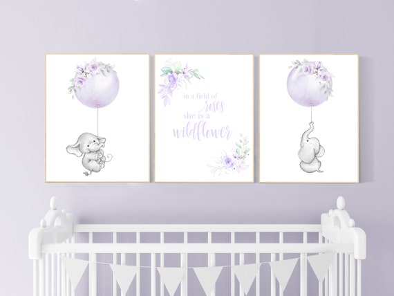 Purple flower nursery decor, Nursery decor girl purple, in a field of wildflowers, lavender, lilac, elephant, girls room, balloon nursery