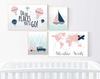 Adventure Awaits Nursery Art Print Set: Coral, Navy & Mint