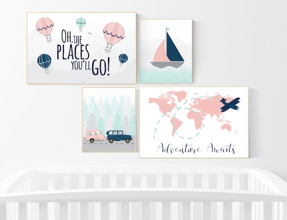 Adventure awaits nursery, Mountain art print set, coral navy mint, Adventure nursery,  coral mint girl, airplane, world map, hot air balloon