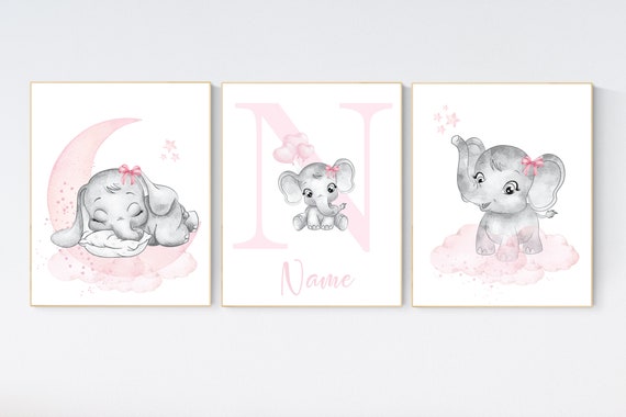 Nursery wall art girl elephant, pink and grey, nursery decor girl pink, moon, stars, nursery prints, baby room decor, girl nursery, animals