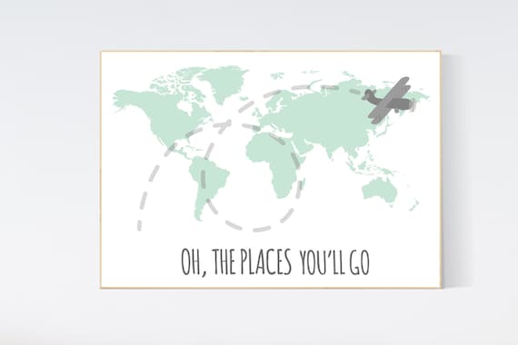 Mint nursery decor, Oh the places you'll go, World Map wall art, world map nursery, world map wall art, gender neutral nursery decor, mint