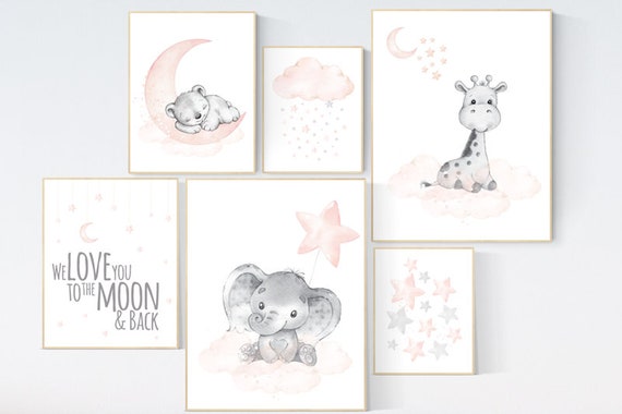 Nursery wall art girl, blush grey, elephant giraffe bear nursery, nursery wall art girl, we love you to the moon and back, blush pink