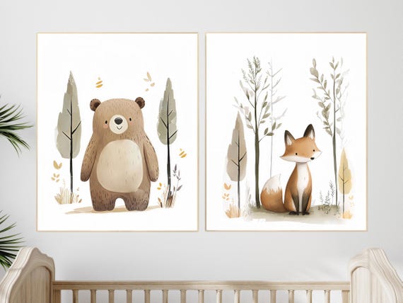 Watercolor Woodland Nursery Prints: Bear, Fox Set