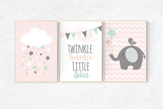 Twinkle twinkle little star, elephant nursery decor, Baby girl nursery decor, coral mint nursery decor, cloud nursery, girls room wall art