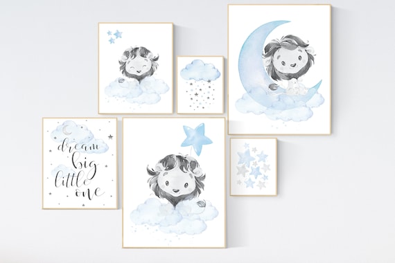 Nursery wall art lion, Nursery decor boy lion, boy nursery decor, moon and stars, baby blue nursery, boy nursery, dream big little one