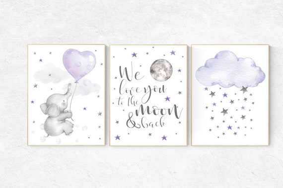 Nursery decor girl lavender and gray, Nursery decor girl purple, elephant nursery, lilac nursery, we love you to the moon and back, purple