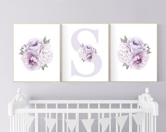 Floral Nursery Prints: Lilac Peony, Girl Room Decor, Set of 3