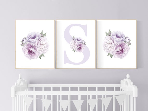 Nursery decor girl flower, floral nursery, lilac nursery, purple, peony flower, lavender nursery, girl nursery wall decor, set of 3 prints