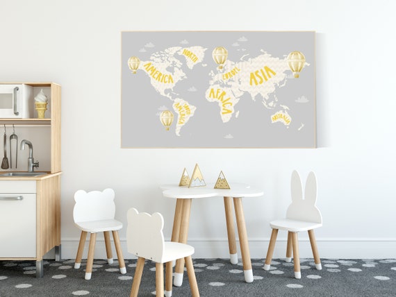 World map nursery, World map wall art, gender neutral nursery, yellow grey, yellow and grey, nursery wall art map, map print world, travel