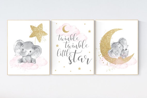 Elephant nursery wall art, moon and stars nursery, pink and gold nursery decor, elephant cloud baby room, nursery prints girl, gold nursery