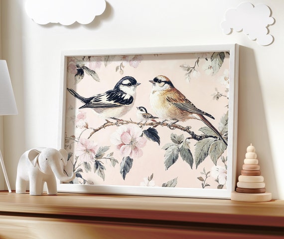 Bird print, birds wall art, flower nursery, vintage art,  spring theme, Nursery wall art birds, nursery decor girl flower,, bird nursery art