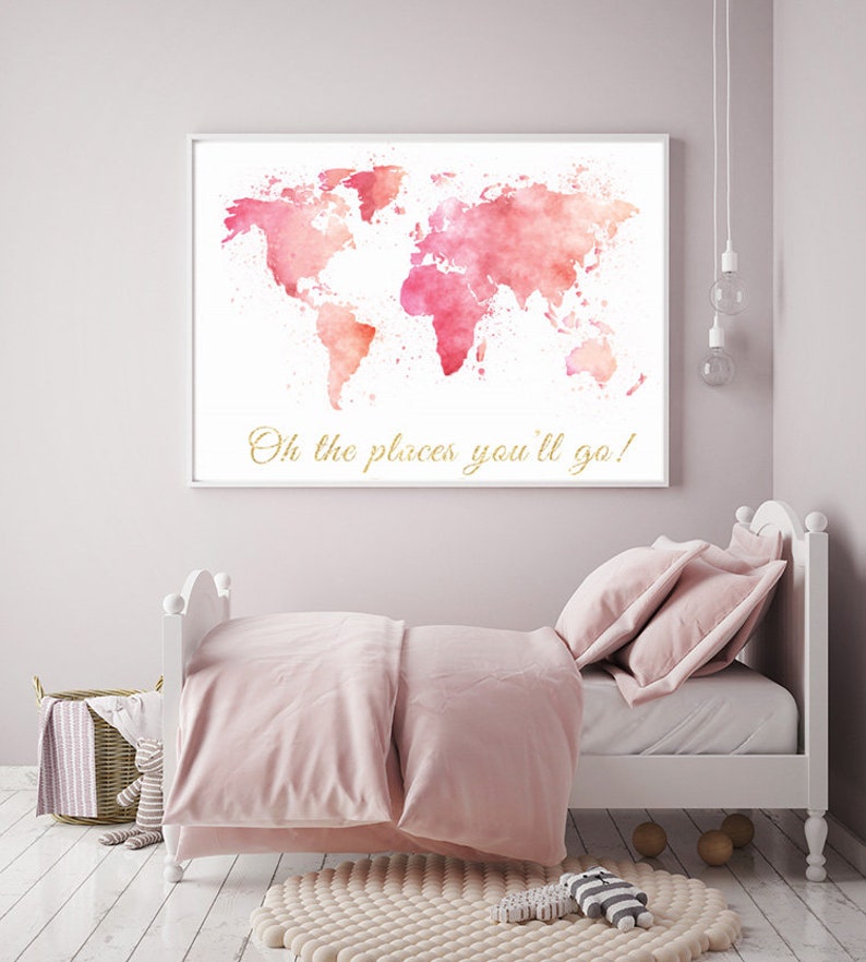 Pink Watercolor World Map Print: Blush Gold Nursery Decor - Etsy