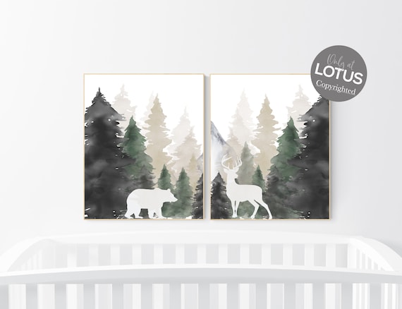 Nursery decor woodland, mountain wall art, tree nursery decor, adventure theme nursery, forest, sage green, beige, woodland animals