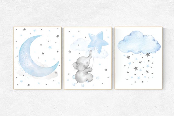 Nursery decor elephant, nursery wall art elephant, Blue and gray, Nursery decor boy, nursery decor, clouds and stars, blue grey nursery