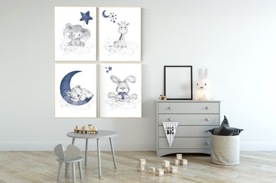 Nursery decor boy elephant, animal nursery, bunny nursery art, navy blue, bear nursery, giraffe baby room wall art, boy room, navy gray grey