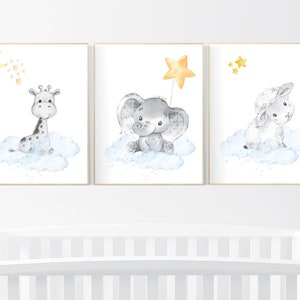 Nursery prints animals, nursery decor animals, gender neutral nursery ideas, yellow blue, elephant and giraffe, sheep, lamb, twins, woodland