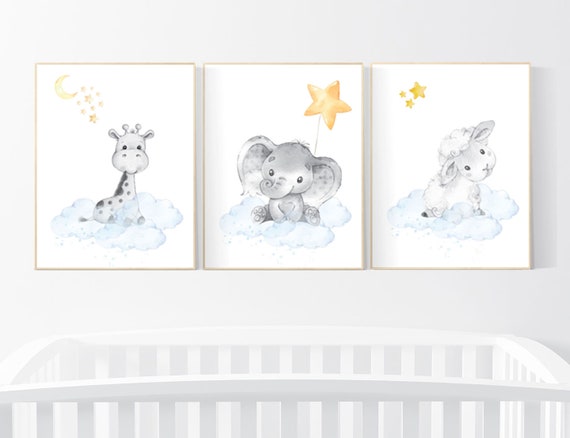 Nursery prints animals, nursery decor animals, gender neutral nursery ideas, yellow blue, elephant and giraffe, sheep, lamb, twins, woodland