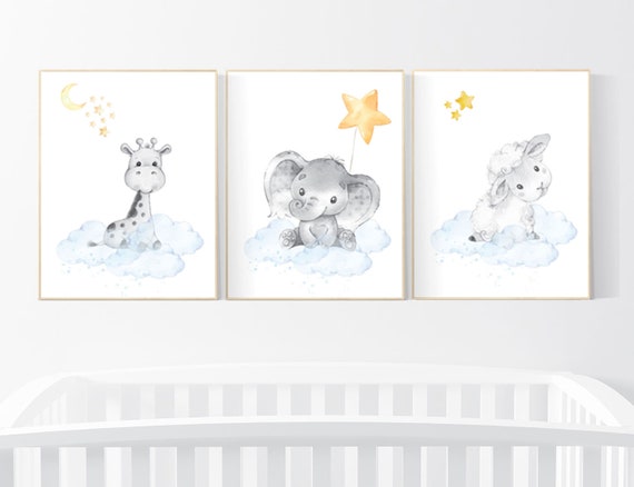 Nursery prints animals, nursery decor animals, gender neutral nursery ideas, yellow blue, elephant and giraffe, sheep, lamb, twins, woodland