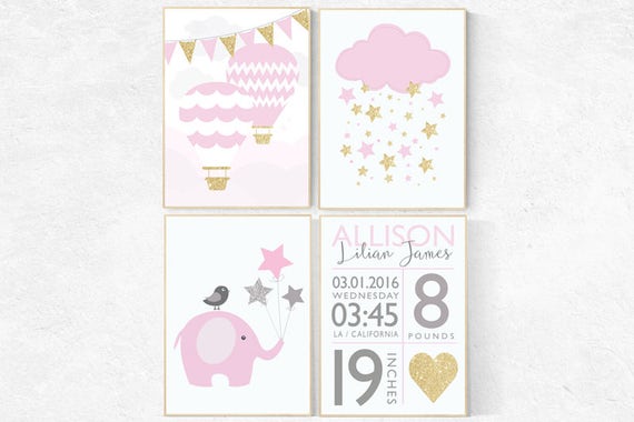 Baby girl nursery, Pink gold nursery, baby birth stats, pink and gold baby shower, birth stats wall art, elephant nursery, hot air balloon