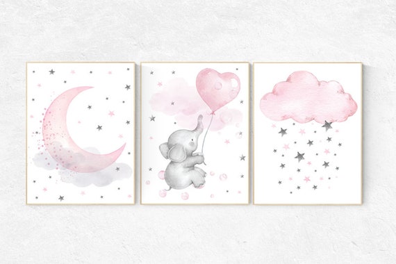 Nursery decor girl pink and gray, elephant nursery, nursery decor girl pink, pink and grey, cloud and stars, pink nursery, pink gray nursery