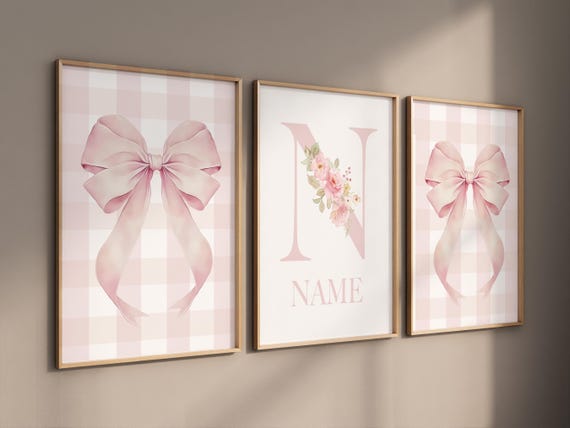 Personalized Pink Bow Nursery Wall Art – Name Monogram Print, Floral Girl Room Decor, Blush Watercolor Bows, Baby Girl Wall Art