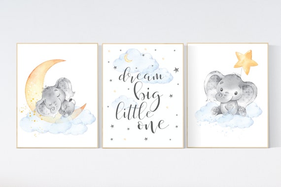 Gender neutral nursery, elephant nursery. nursery decor neutral, cloud and stars, baby room art, dream big little one, gender neutral