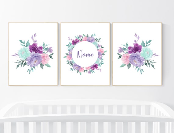 Nursery decor girl boho, nursery decor girl floral, floral nursery decor, flower nursery decor, purple teal nursery, girl nursery decor