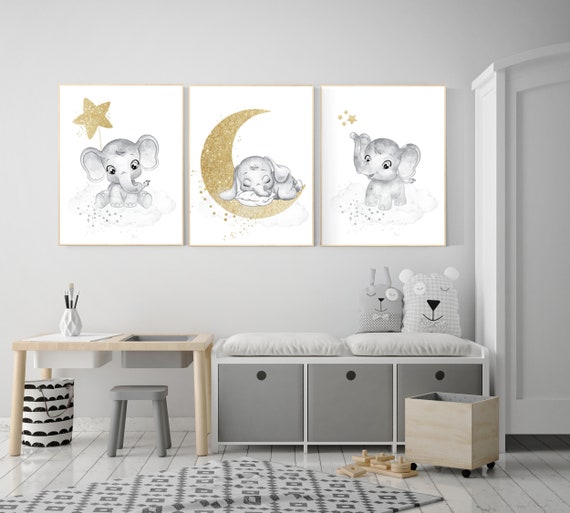 Nursery wall art grey, gray gold nursery, elephant nursery, nursery decor neutral, baby room decor gender neutral, moon and stars, grey gold