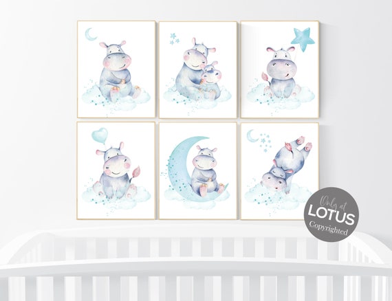 Nursery prints hippo, hippos, animal prints, teal nursery, nursery decor gender neutral, hippopotamus, cute hippo, nursery wall art, teal