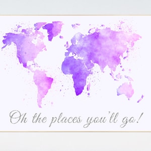 Acuarela de mapa del mundo morado, Oh, los lugares a los que irás, guardería, impresión de mapa del mundo, impresión de arte para guardería, lila, lavanda, mapa del mundo