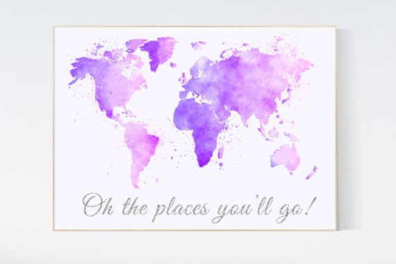 Purple World map watercolor, Oh the places you will go nursery, world map nursery print, nursery art print, lilac, lavender, world map