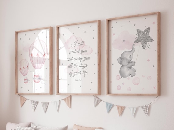 Pink Elephant Nursery Wall Art Set, Hot Air Balloon Prints