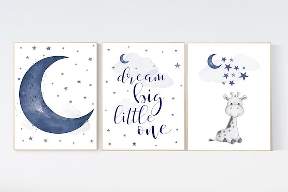 Nursery decor giraffe, dream big little one, navy nursery decor, cloud and stars, moon and stars, navy blue nursery art. baby room