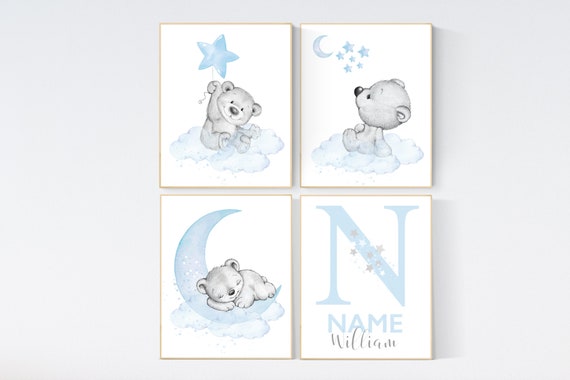 Nursery decor bear, nursery decor boy, bear nursery print, teddy bear decor, nursery wall art animals, boy nursery wall decor, blue nursery