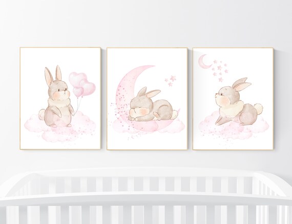 Nursery wall art bunny, pink nursery decor, Nursery decor girl flower bunny, bunny print nursery girl, rabbit nursery, rabbit print nursery